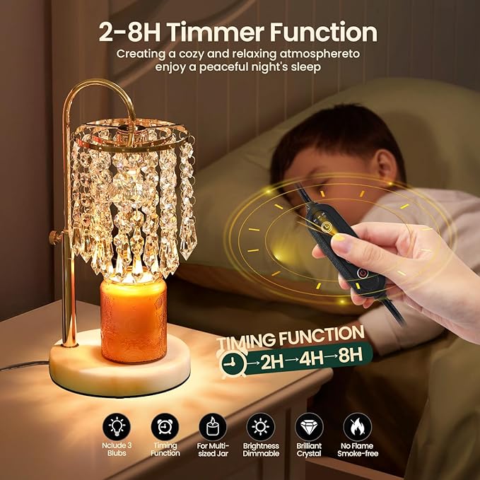 Candle Warmer Lamp with Timer Dimmer，2H/4H/8H Timer , Lamp Candle Warmer with Marble Base